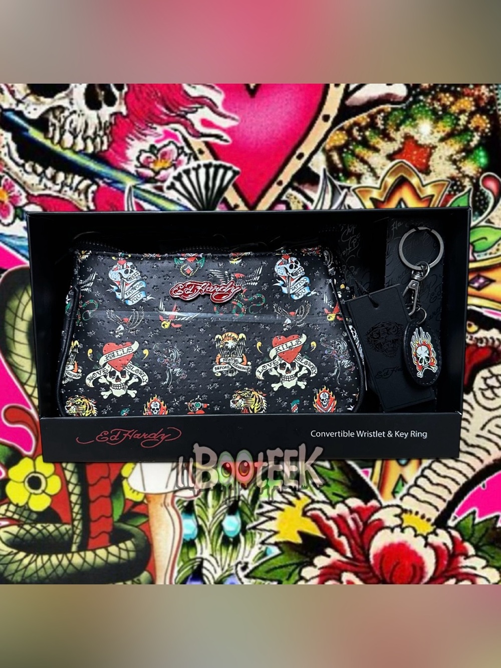 Ed Hardy Purse & Bag Charm Key Chain Gift Set Black Glitter Tattoo Print Y2K NEW